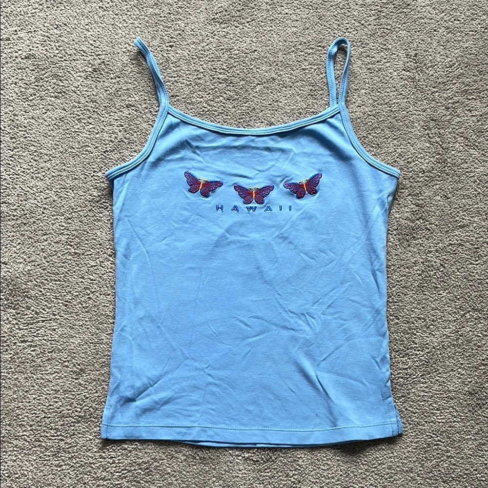 Women’s Blue Hawaii Butterfly Print Tank | Size: L